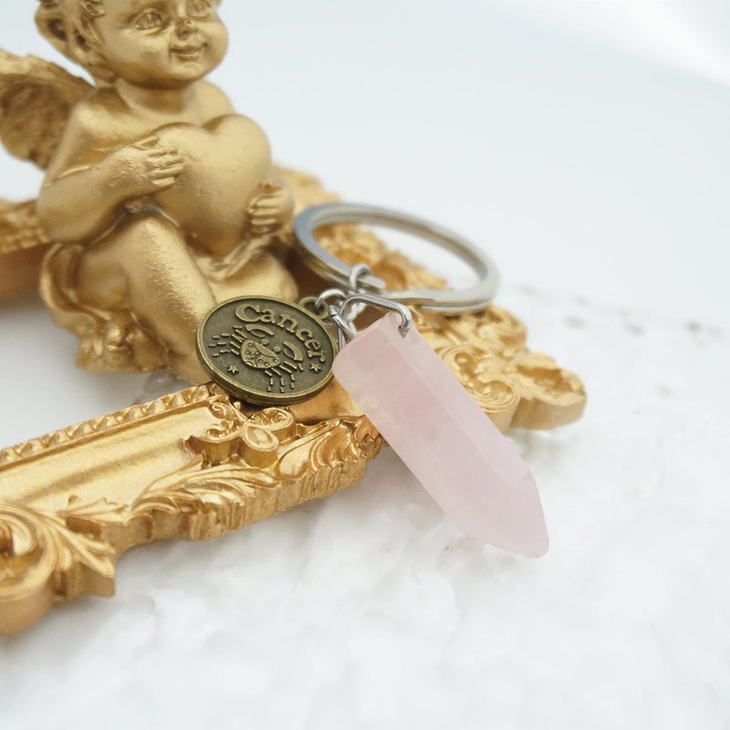 ZUOPIPI Zodiac Crystal Stone Keychain Natural Rose Stone/Red Agate/Aventurine Healing Crystal Keychain (Cancer) - Image 2